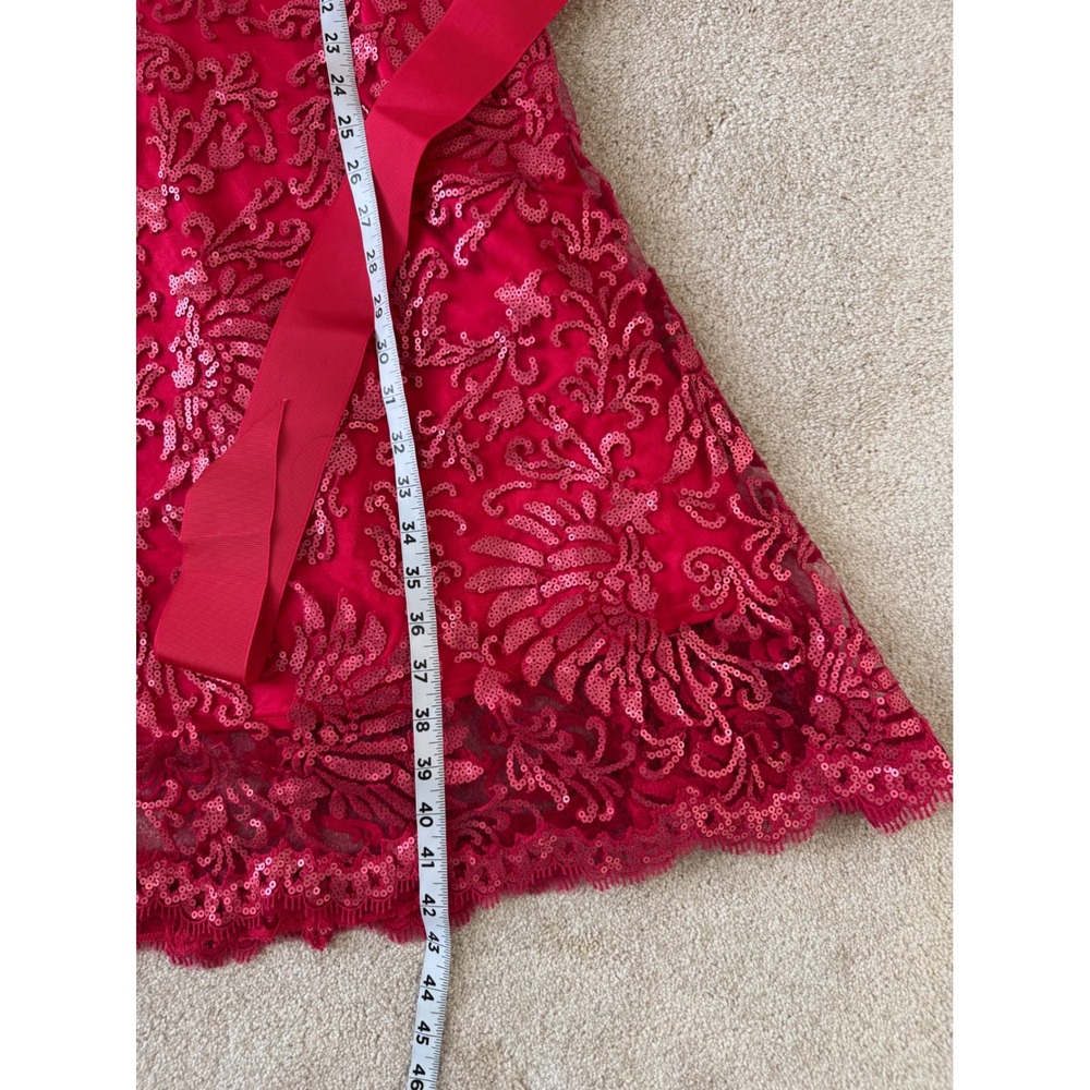Tadashi Shoji Dress Womens 16 Red Sequin Lace Illusion Ribbon Belt Cocktail New - Picture 13 of 13